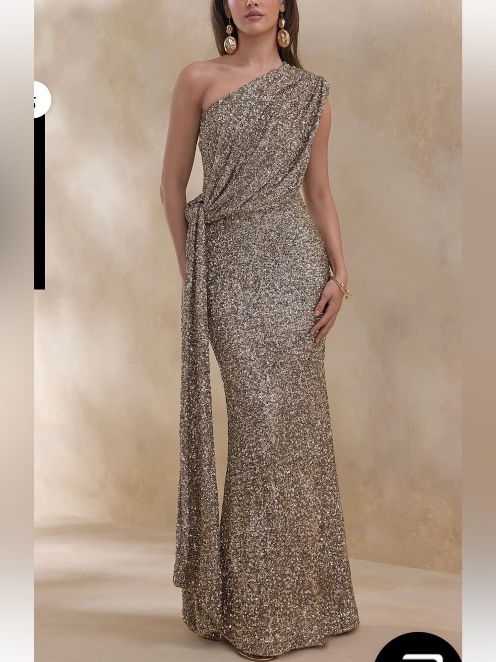 LIORI Champagne Sequin Asymmetric-Neck Maxi Dress With Sash